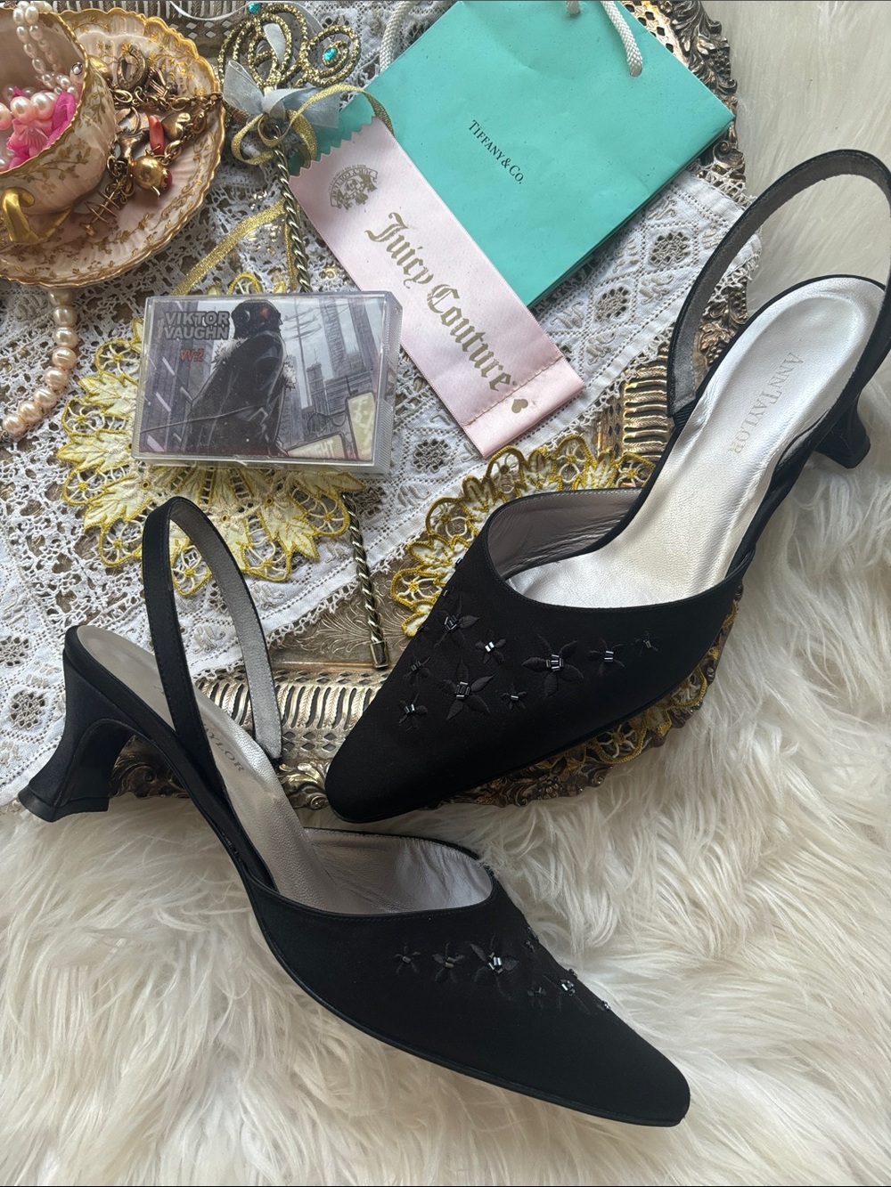 Vintage 90s Ann Taylor Italy Slingback Kitten Heel Black Beaded Y2K Formal 9 Hot